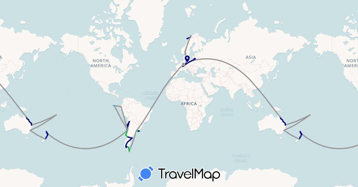 TravelMap itinerary: driving, bus, plane, boat in Argentina, Australia, Chile, Germany, Ecuador, Spain, Hong Kong, Lithuania, Macau, Norway, New Zealand, Uruguay, Samoa (Asia, Europe, Oceania, South America)